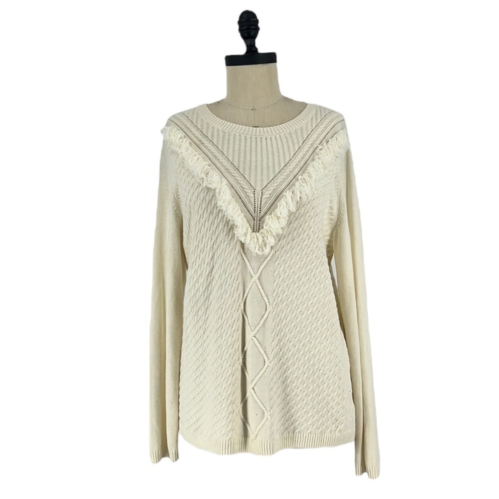 Talbots| Talbots fringe Cable knit wool blend ivory crewneck Sweater SZ L